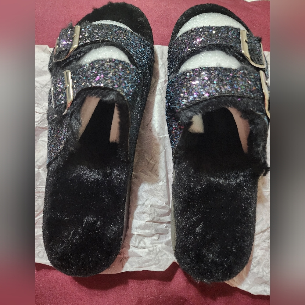 💚Y2K Women's Glittery Black Furry Slide Sandals
